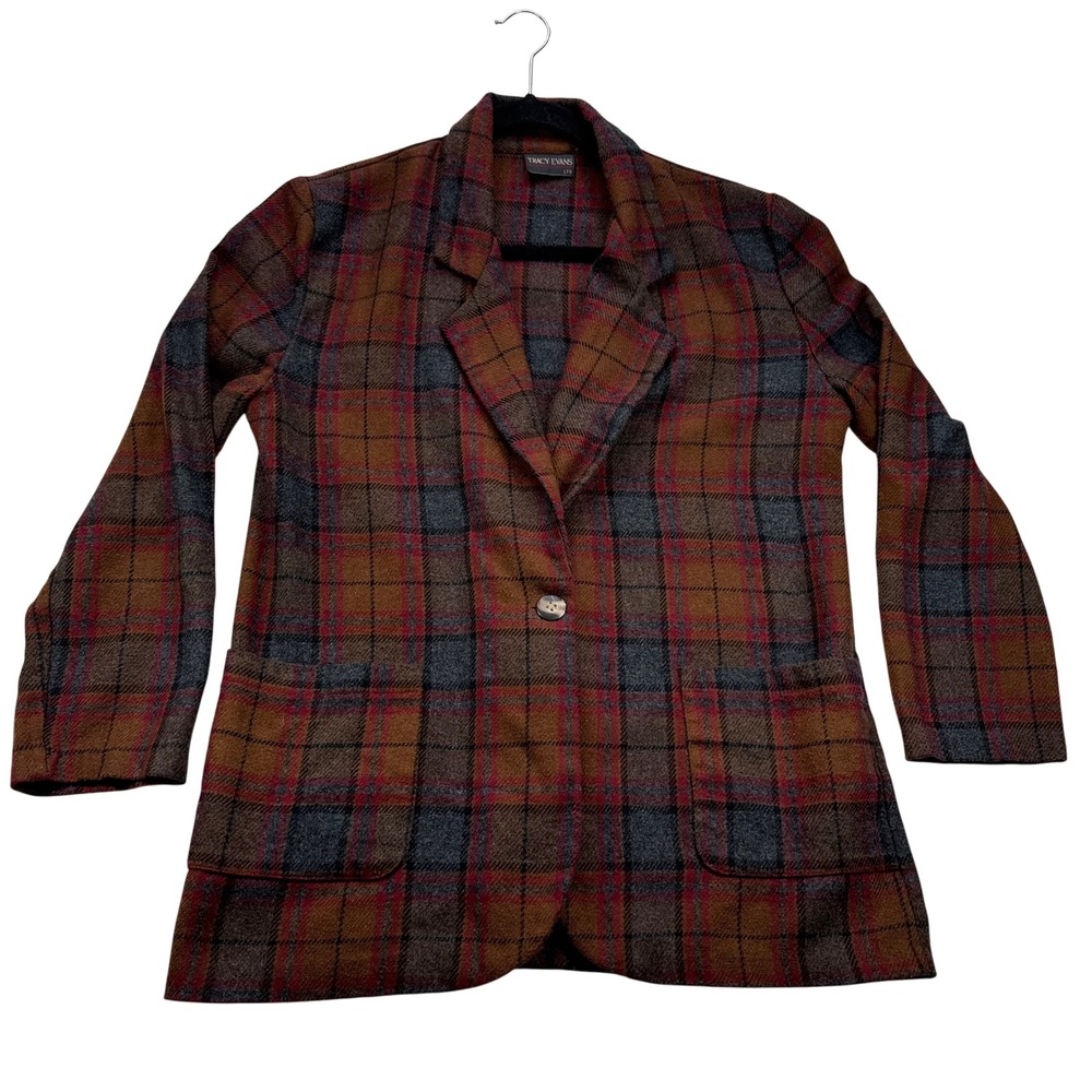 Tracy Evans LTD Vintage Plaid Wool Blazer Brown Red Grey Single Button Jacket M
